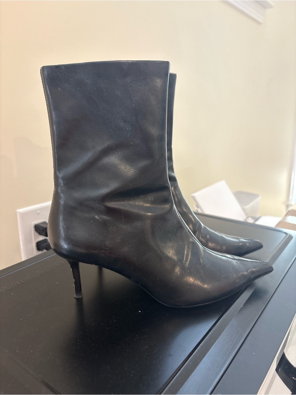 Zara Black Pointed-Toe Mid-Calf Stiletto Booties